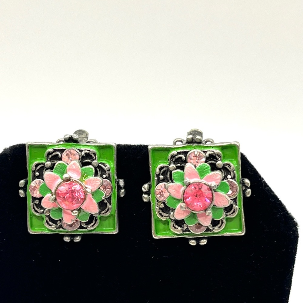 Green And Pink Floral Clip On Earrings With Pink Rhinestones 3 D Flower Garden